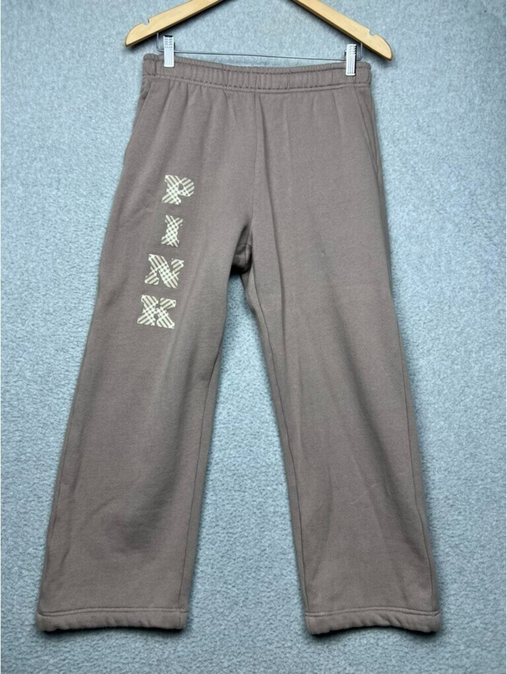 Victorias Secret PINK Sweatpants Womens Small S Taupe Brown Plaid Logo Wide Leg
